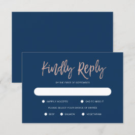 Glam Chic Navy Blue & Rose Gold Wedding RSVP Card Karte