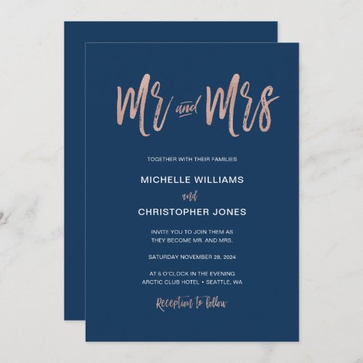 Glam Chic Navy & Rose Gold Mr & Mrs. Wedding Invit Einladung (Vorne/Hinten)