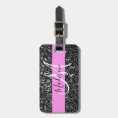 Glam Chic Pink Black Glitzer Sparkname Monogram Gepäckanhänger (Vorderseite vertikal)