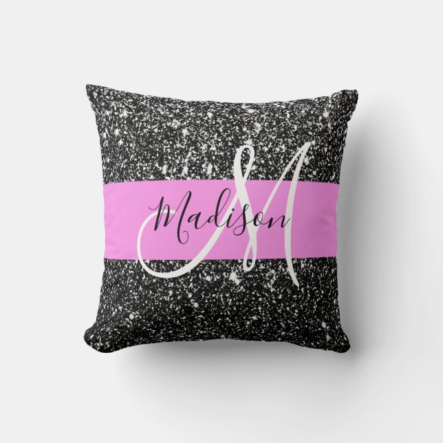Glam Chic Pink Black Glitzer Sparkname Monogram Kissen (Vorderseite)