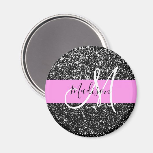 Glam Chic Pink Black Glitzer Sparkname Monogram Magnet (Vorderseite/Rückseite)