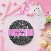 Glam Chic Pink Black Glitzer Sparkname Monogram Pappteller (Party)