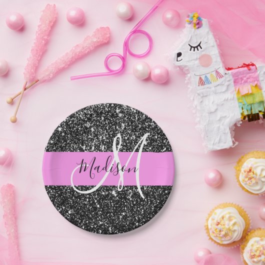 Glam Chic Pink Black Glitzer Sparkname Monogram Pappteller (Party)