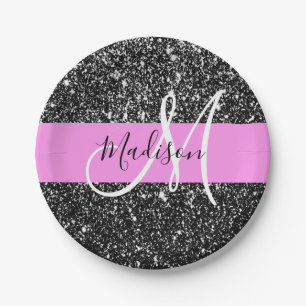 Glam Chic Pink Black Glitzer Sparkname Monogram Pappteller