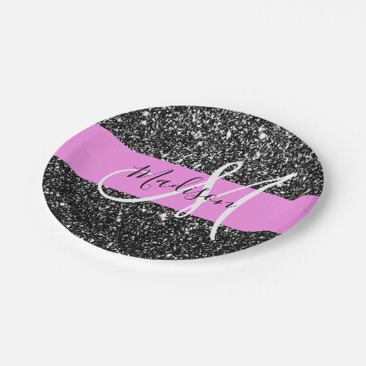 Glam Chic Pink Black Glitzer Sparkname Monogram Pappteller (Schrägansicht)