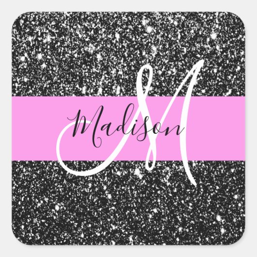 Glam Chic Pink Black Glitzer Sparkname Monogram Quadratischer Aufkleber (Vorderseite)