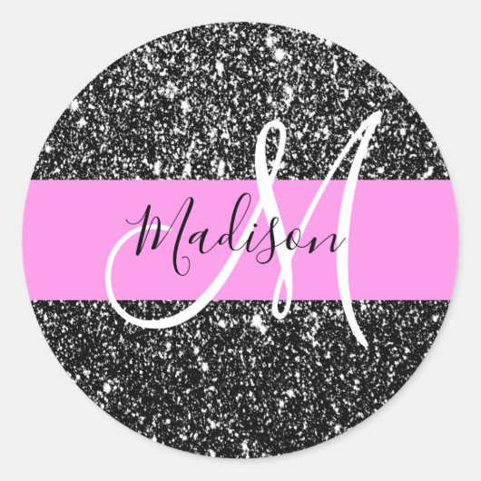 Glam Chic Pink Black Glitzer Sparkname Monogram Runder Aufkleber (Vorderseite)