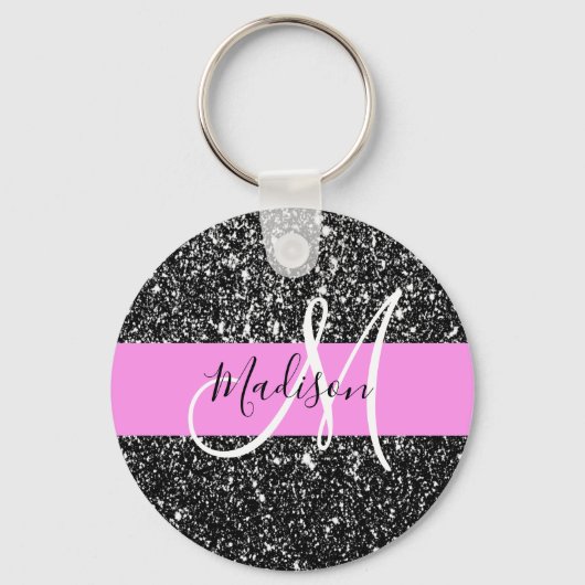 Glam Chic Pink Black Glitzer Sparkname Monogram Schlüsselanhänger (Vorderseite)