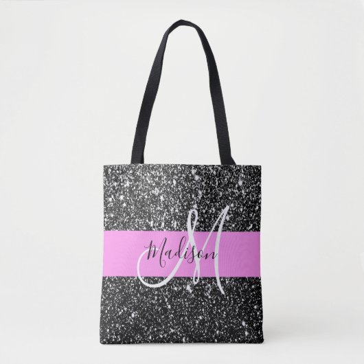 Glam Chic Pink Black Glitzer Sparkname Monogram Tasche (Vorderseite)