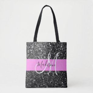 Glam Chic Pink Schwarzer Glitzer Funkelname Monogr Tasche