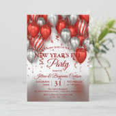 Glam Chic Red Silver Balloons Neujahrs-Party Einladung (Stehend Vorderseite)