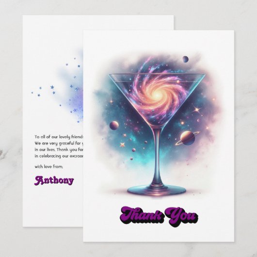 Glam Chic Retro Martini Galaxy Glasdesign Dankeskarte (Vorne/Hinten)
