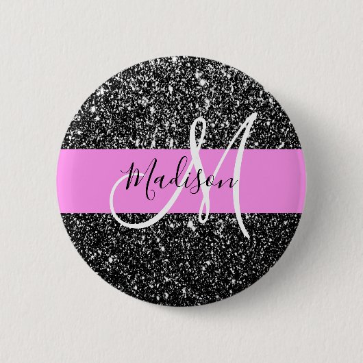 Glam Chic Rosa Schwarzes Glitter Funkeln Name Mono Button (Vorderseite)