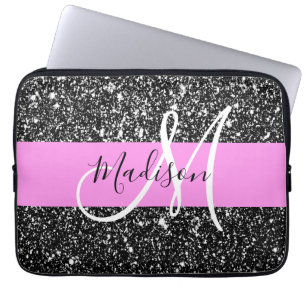Glam Chic Rosa Schwarzes Glitter Funkeln Name Mono Laptopschutzhülle