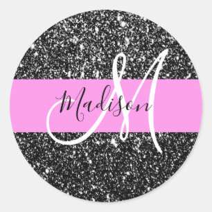 Glam Chic Rosa Schwarzes Glitter Funkeln Name Mono Runder Aufkleber