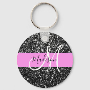 Glam Chic Rosa Schwarzes Glitter Funkeln Name Mono Schlüsselanhänger