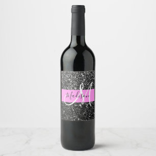 Glam Chic Rosa Schwarzes Glitter Funkeln Name Mono Weinetikett