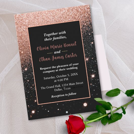 glam chic rose gold Glitter gold frame wedding Einladung