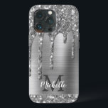Glam Chic Silver Glitzer Tropfen Monogram Metal Case-Mate iPhone Hülle<br><div class="desc">Eleganter, moderner, mädchenhaft silbergrauer Glitzer Tropfen graue Metall personalisierten Namen und mit Monogramm iPhone Gehäuse. Dieses Design verfügt über silbergraue Glitzer-Funkeln-Tropfen auf grauem, gebürstetem Metallhintergrund mit einer personalisierten Monogramm-Initial- und Vorname-Textvorlage. Perfektes weibliches Geschenk für Mädchen und Frauen, die trendige Glamour-Dinge Lieben hübsch. Wenn Sie Hilfe oder passende Artikel benötigen, kontaktieren...</div>