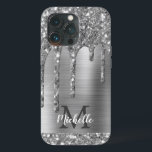 Glam Chic Silver Glitzer Tropfen Monogram Metal Case-Mate iPhone Hülle<br><div class="desc">Eleganter, moderner, mädchenhaft silbergrauer Glitzer Tropfen graue Metall personalisierten Namen und mit Monogramm iPhone Gehäuse. Dieses Design verfügt über silbergraue Glitzer-Funkeln-Tropfen auf grauem, gebürstetem Metallhintergrund mit einer personalisierten Monogramm-Initial- und Vorname-Textvorlage. Perfektes weibliches Geschenk für Mädchen und Frauen, die trendige Glamour-Dinge Lieben hübsch. Wenn Sie Hilfe oder passende Artikel benötigen, kontaktieren...</div>