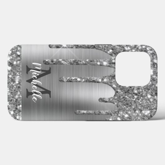Glam Chic Silver Glitzer Tropfen Monogram Metal Case-Mate iPhone Hülle (Rückseite (Horizontal))