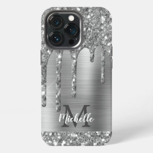 Glam Chic Silver Glitzer Tropfen Monogram Metal iPhone 13 Pro Hülle