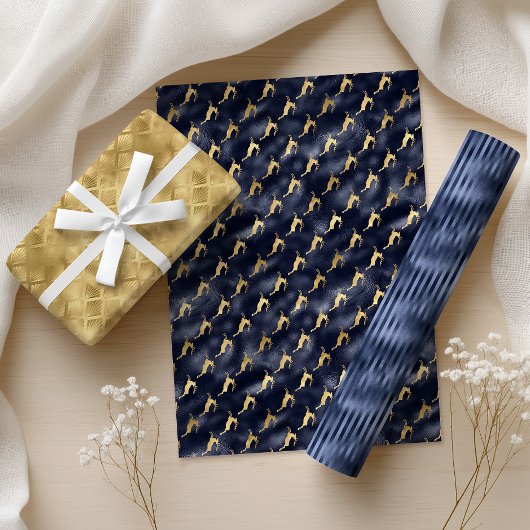 Glam Christmas Navy Blue Gold Fans Stripes Geschenkpapier Set