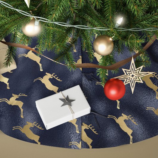 Glam Christmas Reindeer Navy Blue Gold Imitate Foi Polyester Weihnachtsbaumdecke