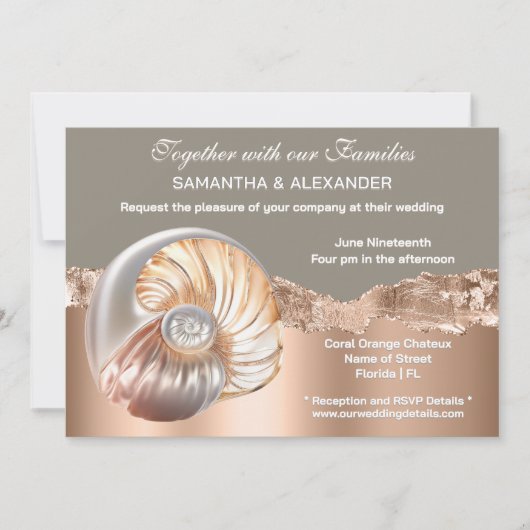 Glam Coastal Shell Beach Wedding Invitation Einladung (Vorderseite)
