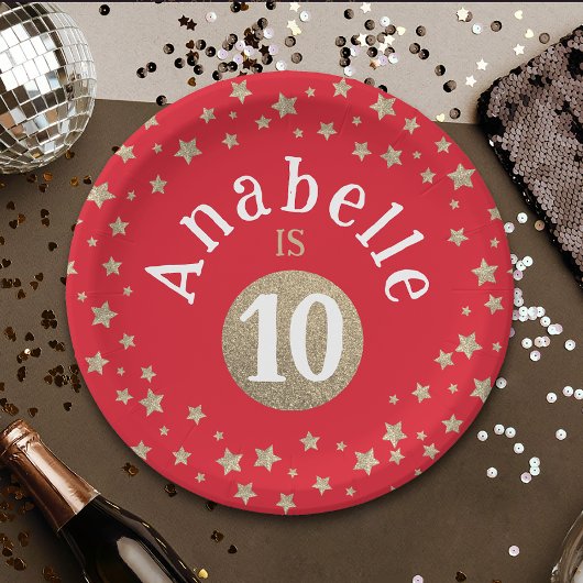 Glam Coole Rot- und Goldsterne Glitzer Geburtstag Pappteller