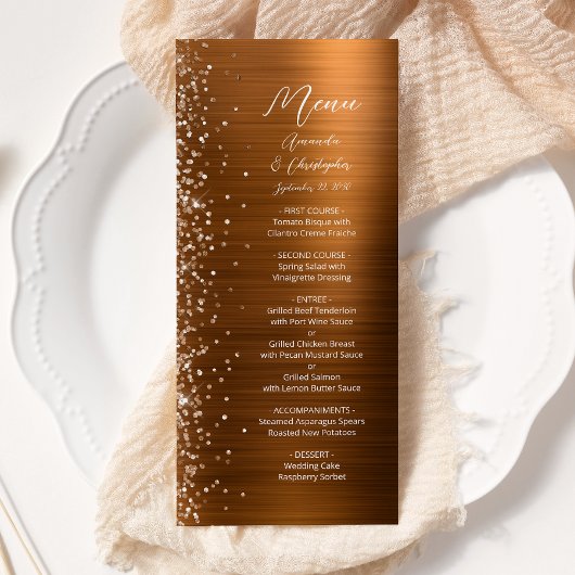 Glam Copper Glitter Brushed Metal Wedding Menükarte