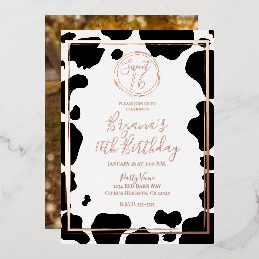 Glam Cow Print Border Wedding Foto Rose Gold Folieneinladung (Vorderseite/Rückseite)