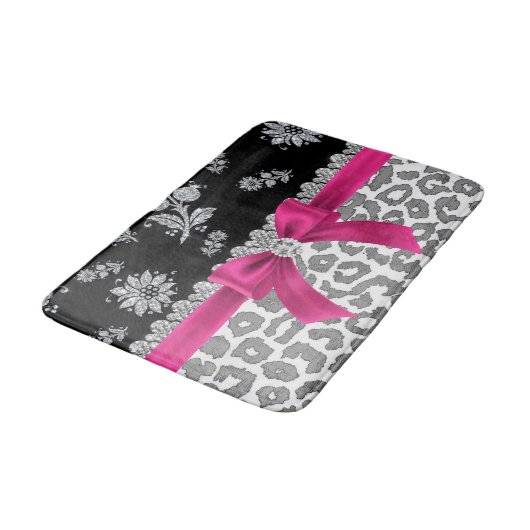 Glam D/Pink Bow-Grey Leopard-Silver Floral Sparkle Badematte (Schrägansicht)