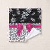 Glam D/Pink Bow-Grey Leopard-Silver Floral Sparkle Badhandtuch Set (Waschlappen)