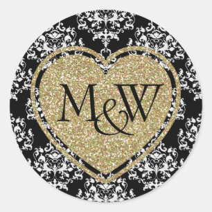 Glam Damask & Gold Glitzer Monogram Wedding Runder Aufkleber