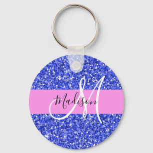 Glam Dark Blue Pink Glitter Sparkles Name Monogram Schlüsselanhänger