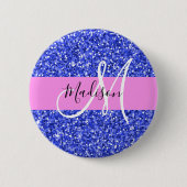Glam Dark Blue Pink Glitzer Glitzern Name Monogram Button (Vorderseite)