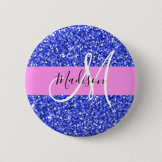 Glam Dark Blue Pink Glitzer Glitzern Name Monogram Button (Vorderseite)