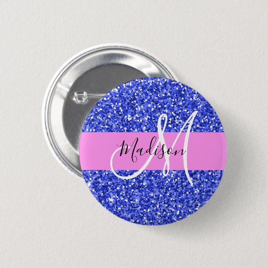 Glam Dark Blue Pink Glitzer Glitzern Name Monogram Button (Vorne & Hinten)