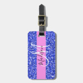 Glam Dark Blue Pink Glitzer Glitzern Name Monogram Gepäckanhänger (Vorderseite vertikal)