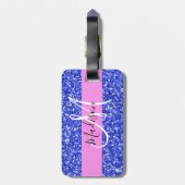 Glam Dark Blue Pink Glitzer Glitzern Name Monogram Gepäckanhänger (Rückseite vertikal)