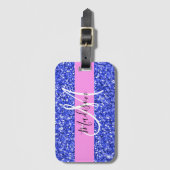 Glam Dark Blue Pink Glitzer Glitzern Name Monogram Gepäckanhänger (Vorderseite Vertikal)