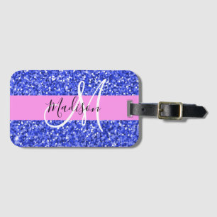 Glam Dark Blue Pink Glitzer Glitzern Name Monogram Gepäckanhänger