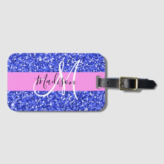 Glam Dark Blue Pink Glitzer Glitzern Name Monogram Gepäckanhänger (Vorderseite (Horizontal))