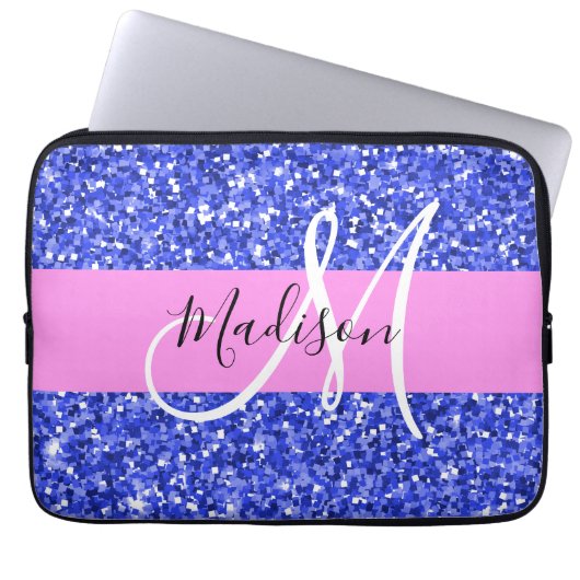Glam Dark Blue Pink Glitzer Glitzern Name Monogram Laptopschutzhülle (Vorderseite)