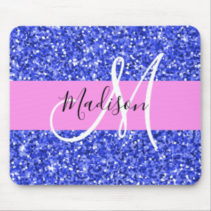 Glam Dark Blue Pink Glitzer Glitzern Name Monogram Mousepad