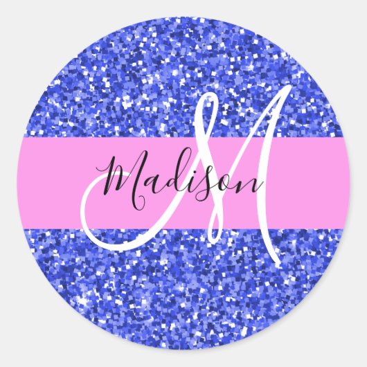 Glam Dark Blue Pink Glitzer Glitzern Name Monogram Runder Aufkleber (Vorderseite)