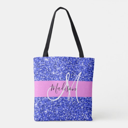 Glam Dark Blue Pink Glitzer Glitzern Name Monogram Tasche (Rückseite)