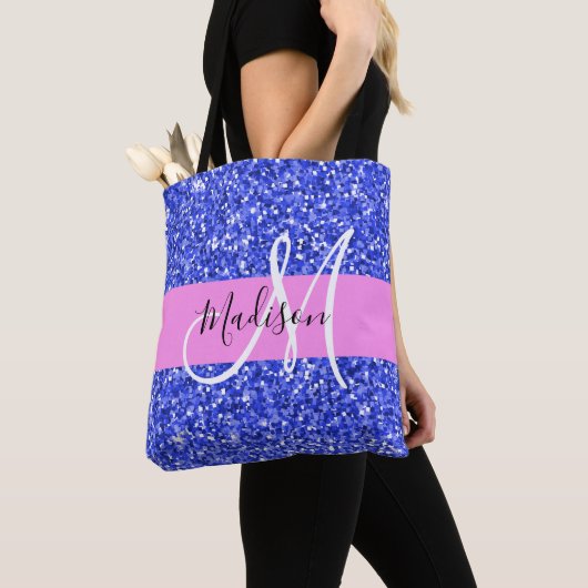 Glam Dark Blue Pink Glitzer Glitzern Name Monogram Tasche (Von Nahem)