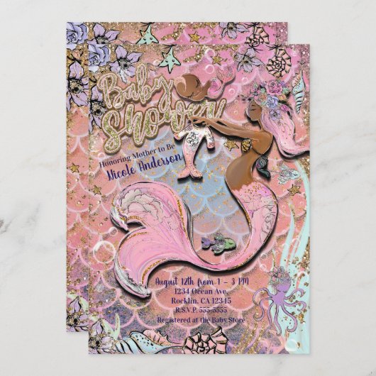 Glam Dark Ethnic Prego Mermaid Glitzer Babydusche Einladung (Vorne/Hinten)